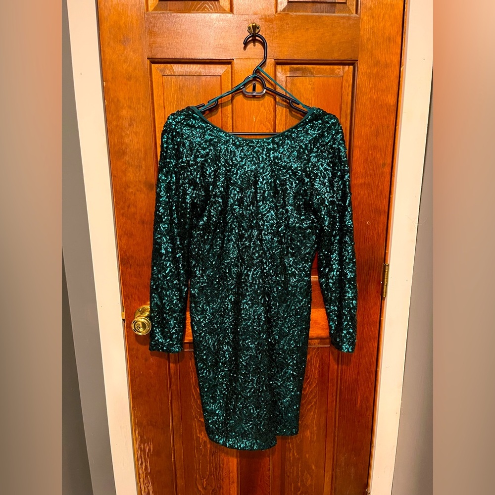 H&M Long Sleeve Mini Dress - Size 12 - Teal Green Sequin, Low Back